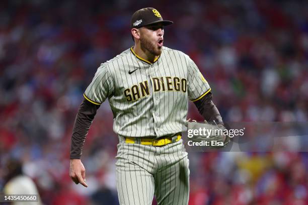 Joe Musgrove of the San Diego Padres reacts during the sixth inning against the Philadelphia Phillies in game three of the National League...