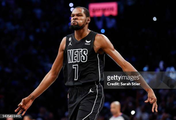 Kevin Durant of the Brooklyn Nets reacts during the second half against the Toronto Raptors at Barclays Center on October 21, 2022 in the Brooklyn...