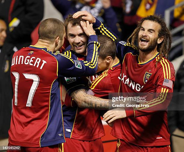 Jonny Steele of Real Salt Lake celebrates his game winning goal with Kyle Beckerman, Chris Wingert and Will Johnson during a game against Toronto FC...