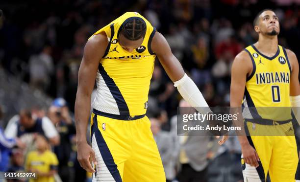 Bennedict Mathurin of the Indiana Pacers reacts after missing a shot in the final seconds that would of tied the score during the 137-134 loss to the...