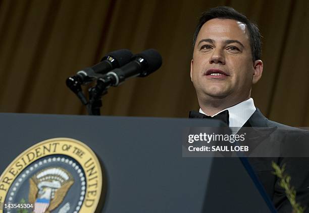 Television comedian Jimmy Kimmel gives his monologue during the White House Correspondents Association Dinner in Washington, DC, April 28, 2012. The...