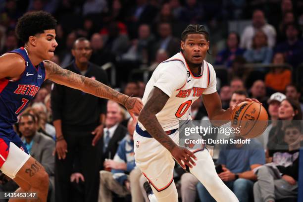 Cam Reddish of the New York Knicks drives to the basket during the fourth quarter of the game against the Detroit Pistons at Madison Square Garden on...