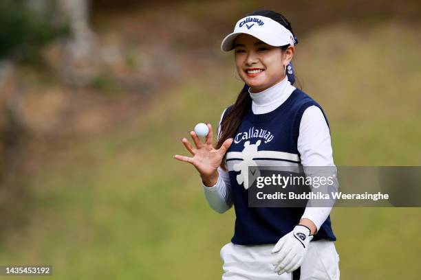 Yui Kawamoto of Japan reacts after sinking her putt for birdie on the third green during the third round of the Nobuta Group Masters GC Ladies at...