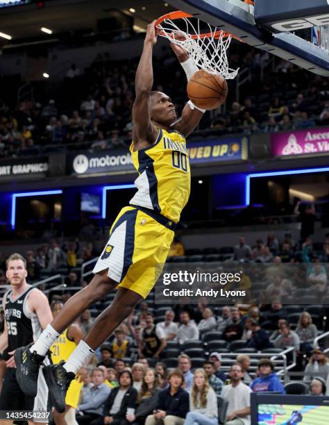 Bennedict Mathurin of the Indiana Pacers shoots the ball against the San Antonio Spurs at Gainbridge Fieldhouse on October 21, 2022 in Indianapolis,...