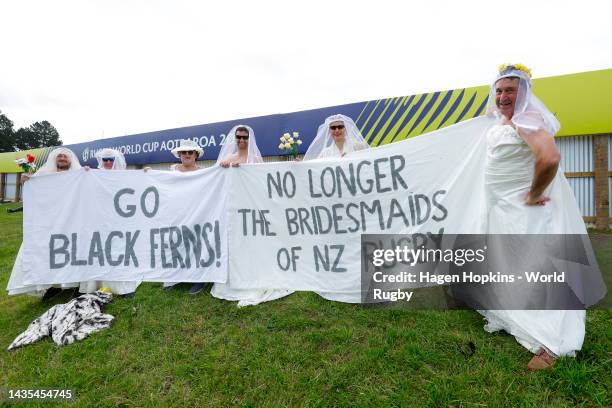 Fans show support during the Pool A Rugby World Cup 2021 match between Australia and Wales at Northland Events Centre on October 22 in Whangarei, New...