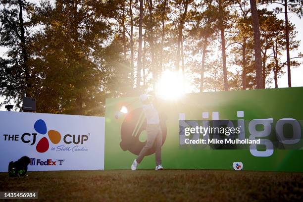 Rickie Fowler of the United States hits a tee shot on the 18th hole during the second round of the CJ Cup at Congaree Golf Club on October 21, 2022...