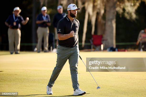 Jon Rahm of Spain celebrates after making a birdie putt on the 16th hole during the second round of the CJ Cup at Congaree Golf Club on October 21,...