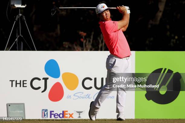 Tom Kim of South Korea hits a tee shot on the 12th hole during the second round of the CJ Cup at Congaree Golf Club on October 21, 2022 in Ridgeland,...