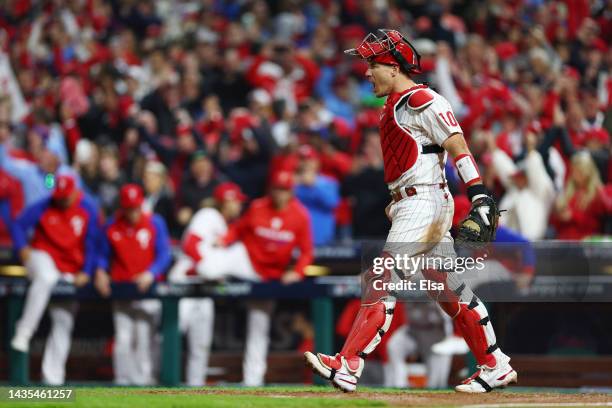 Realmuto of the Philadelphia Phillies celebrates after defeating the San Diego Padres 4-2 in game three of the National League Championship Series at...