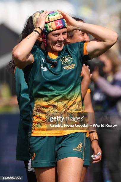 Sharni Williams of Australia celebrates the win during the Pool A Rugby World Cup 2021 match between Australia and Wales at Northland Events Centre...