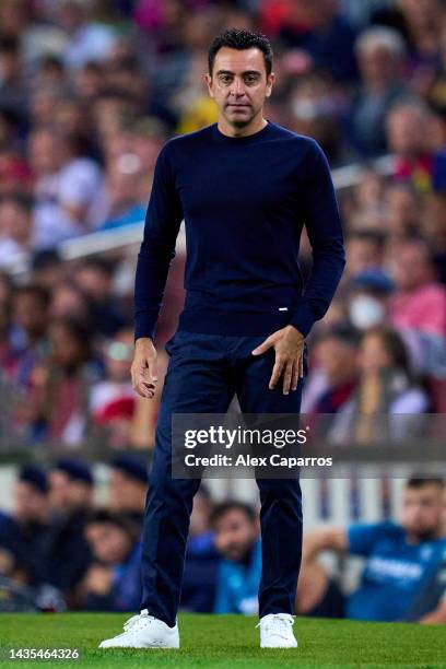 Head Coach Xavi Hernandez of FC Barcelona looks on during the LaLiga Santander match between FC Barcelona and Villarreal CF at Spotify Camp Nou on...