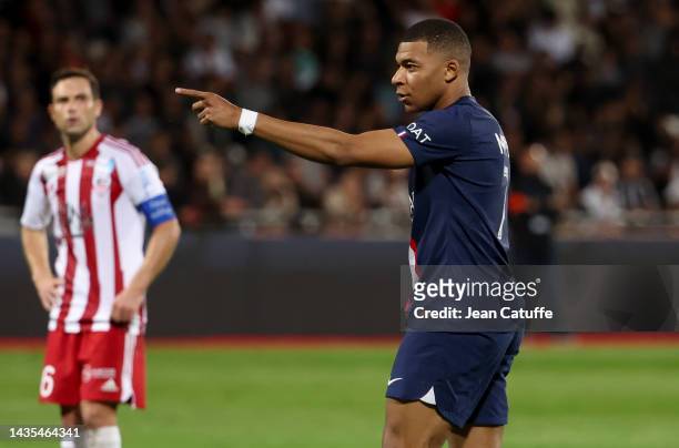 Kylian Mbappe of PSG celebrates his second goal during the Ligue 1 match between AC Ajaccio and Paris Saint-Germain at Stade Francois Coty on October...