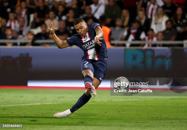 Kylian Mbappe of PSG scores his first goal during the Ligue 1 match between AC Ajaccio and Paris Saint-Germain at Stade Francois Coty on October 21,...