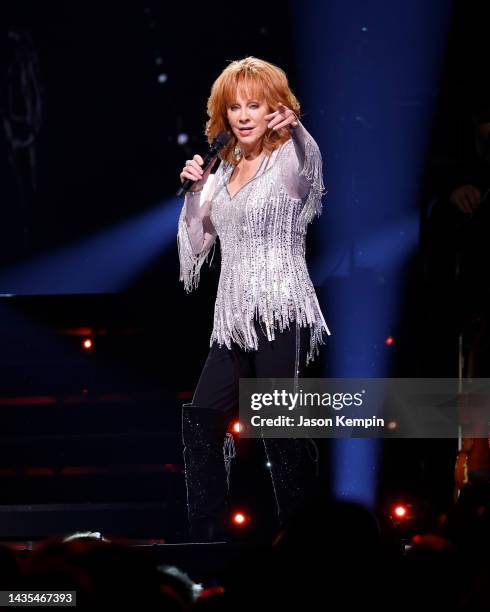 Reba McEntire performs at Bridgestone Arena on October 21, 2022 in Nashville, Tennessee.