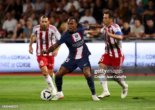 Renato Sanches of PSG between Vincent Marchetti and Mathieu Coutadeur of Ajaccio during the Ligue 1 match between AC Ajaccio and Paris Saint-Germain...