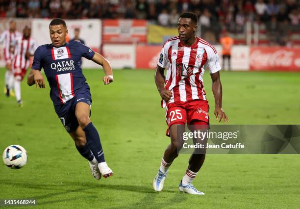 Kylian Mbappe of PSG, Oumar Gonzalez of Ajaccio during the Ligue 1 match between AC Ajaccio and Paris Saint-Germain at Stade Francois Coty on October...