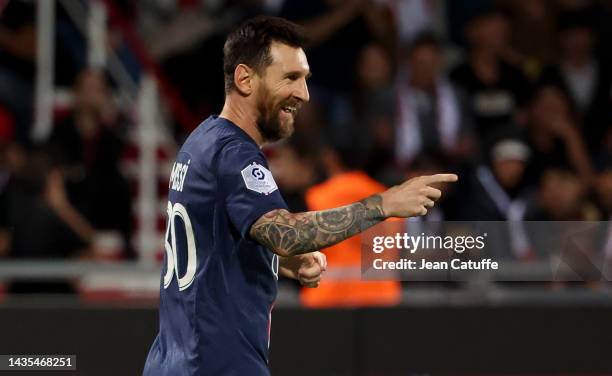 Lionel Messi of PSG celebrates his goal during the Ligue 1 match between AC Ajaccio and Paris Saint-Germain at Stade Francois Coty on October 21,...