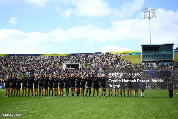 Team New Zealand are seen during the national anthem during the Pool A Rugby World Cup 2021 match between New Zealand and Scotland at Northland...