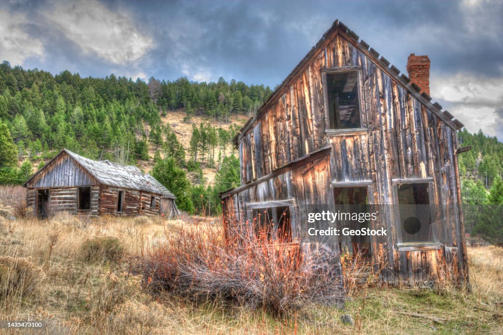 Rustic buildings in a ghost mining town