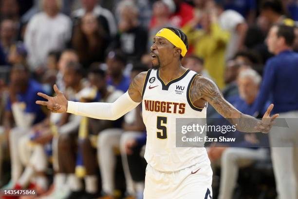 Kentavious Caldwell-Pope of the Denver Nuggets reacts after Bruce Brown of the Denver Nuggets made a basket in the final minute of their game against...