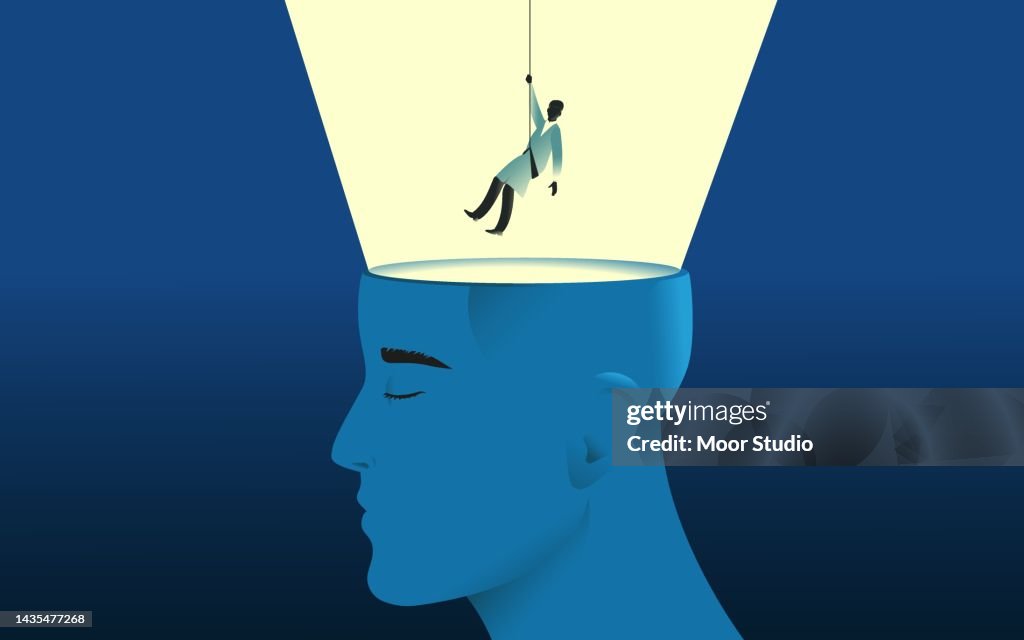 Doctor descends into human head vector ullustration.