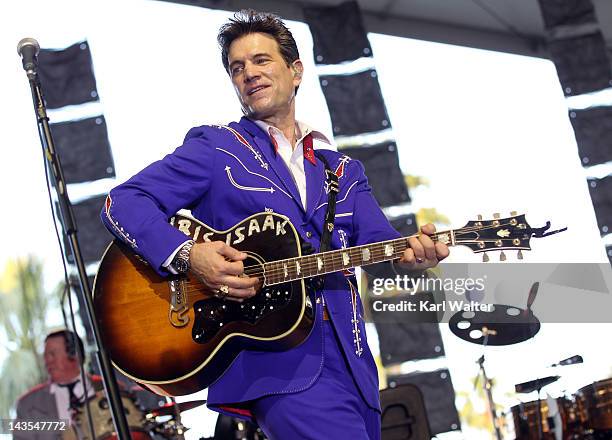 Musician Chris Isaak performs onstage during the Stagecoach Country Music Festival held at the Empire Polo Field on April 28, 2012 in Indio,...