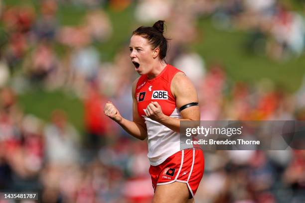 Brooke Lochland of the Swans celebrates kicking a goal during the round nine AFLW match between the Sydney Swans and the Fremantle Dockers at Henson...