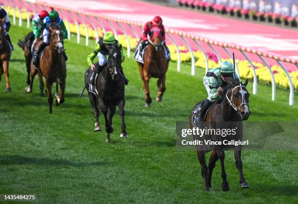 James McDonald riding Francesco Guardi winning Race 8, the Mccafe Moonee Valley Gold Cup, during Cox Plate Day at Moonee Valley Racecourse on October...