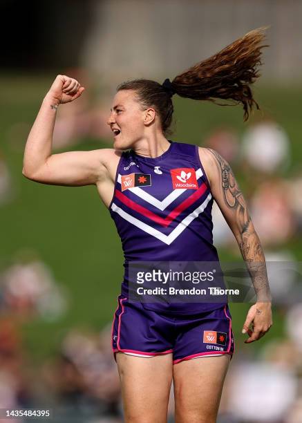 Bianca Webb of the Dockers celebrates kicking a goal during the round nine AFLW match between the Sydney Swans and the Fremantle Dockers at Henson...