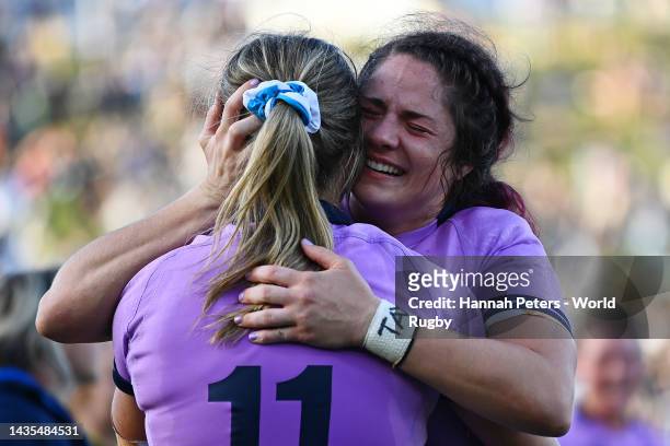 Hannah Smith of Scotland and Christine Belisle of Scotland react after the match during the Pool A Rugby World Cup 2021 match between New Zealand and...