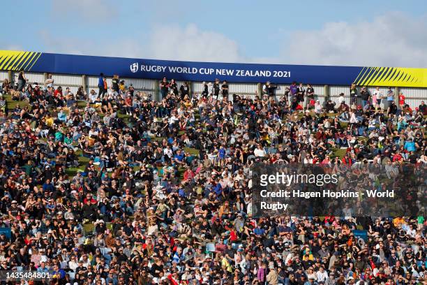 Spectators watch on during the Pool A Rugby World Cup 2021 match between New Zealand and Scotland at Northland Events Centre on October 22 in...