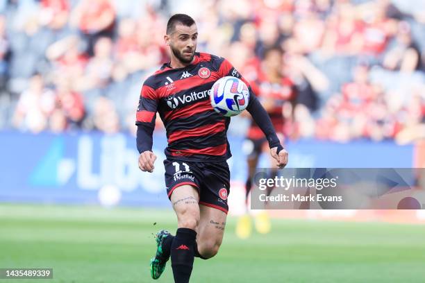 Sulejman Krpic of the Wanderers score a goal during the round three A-League Men's match between Western Sydney Wanderers and Brisbane Roar at...