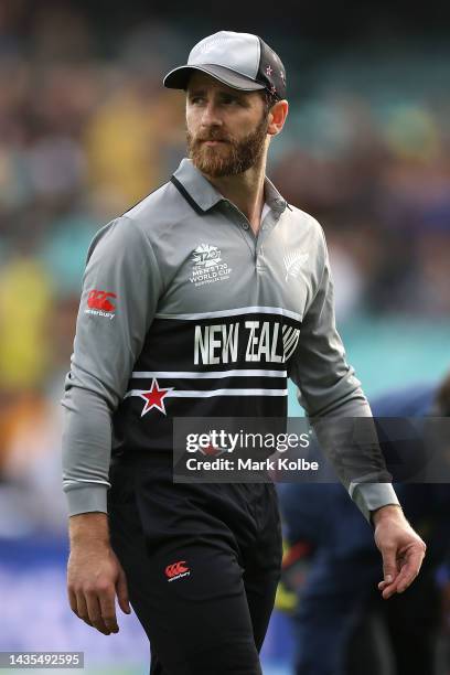 Kane Williamson of New Zealand leaves the field after the toss during the ICC Men's T20 World Cup match between Australia and New Zealand at Sydney...