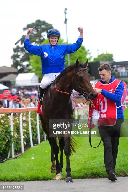 James McDonald riding Anamoe reacts after defeating Mark Zahra riding I'm Thunderstruck in Race 9, the Ladbrokes Cox Plate, during Cox Plate Day at...