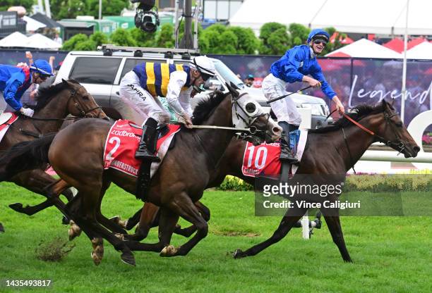 James McDonald riding Anamoe reacts after defeating Mark Zahra riding I'm Thunderstruck in Race 9, the Ladbrokes Cox Plate, during Cox Plate Day at...