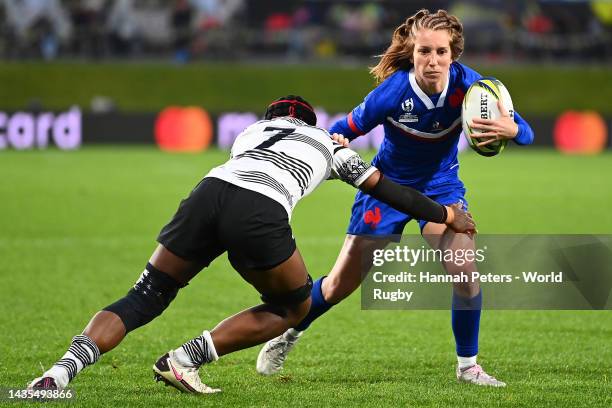 Pauline Bourdon of France is tackled by Raijieli Daveua of Fiji during the Pool C Rugby World Cup 2021 match between France and Fiji at Northland...