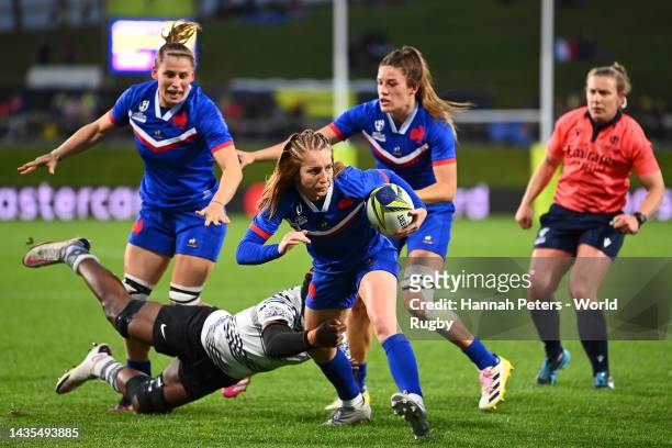 Pauline Bourdon of France is tackled by Raijieli Daveua of Fiji during the Pool C Rugby World Cup 2021 match between France and Fiji at Northland...