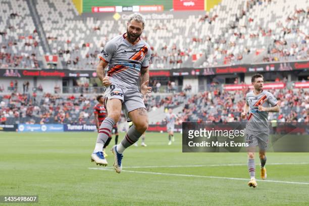 Charlie Austin of the Roar celebrates a goal during the round three A-League Men's match between Western Sydney Wanderers and Brisbane Roar at...