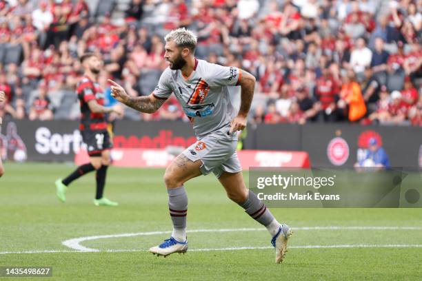 Charlie Austin of the Roar celebrates a goal during the round three A-League Men's match between Western Sydney Wanderers and Brisbane Roar at...