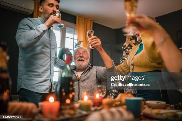 multigeneration family toasting during new years dinner at home - new years eve dinner stock pictures, royalty-free photos & images