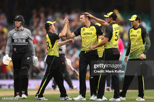 Josh Hazlewood of Australia celebrates dismissing Finn Allen of New Zealand during the ICC Men's T20 World Cup match between Australia and New...