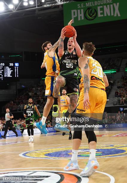 Mitchell Creek of the Phoenix drives at the basket during the round four NBL match between South East Melbourne Phoenix and Brisbane Bullets at John...