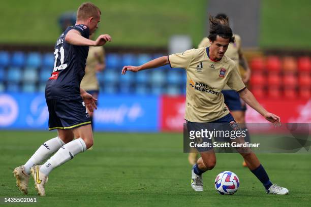 Archie Goodwin of the Jets controls the ball during the round three A-League Men's match between Newcastle Jets and Wellington Phoenix at McDonald...