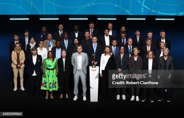 Coaches are seen on stage during the FIFA Women's World Cup 2023 Final Tournament Draw at Aotea Centre on October 22, 2022 in Auckland, New Zealand.
