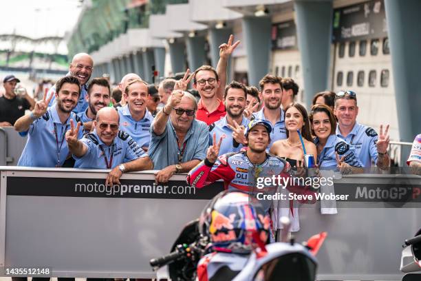Enea Bastianini of Italy and Gresini Racing MotoGP celebrates with his team the second position during the qualifying session of the MotoGP PETRONAS...