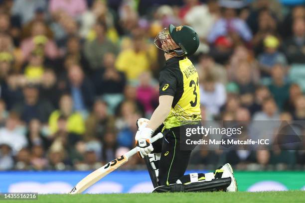 David Warner of Australia reacts after being bowled out Tim Southee of New Zealand during the ICC Men's T20 World Cup match between Australia and New...