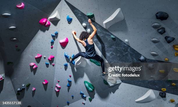 sportswoman training climbing on indoor climbing wall - climber imagens e fotografias de stock