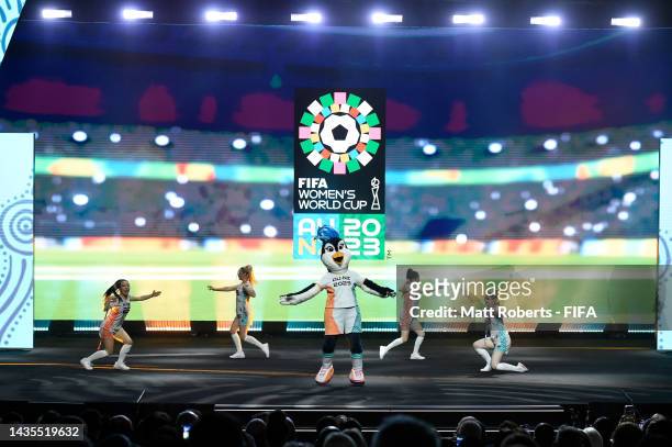 Women's World Cup 2023 Mascot, Penguin Tazuni performs during the FIFA Women's World Cup 2023 Final Tournament Draw at Aotea Centre on October 22,...