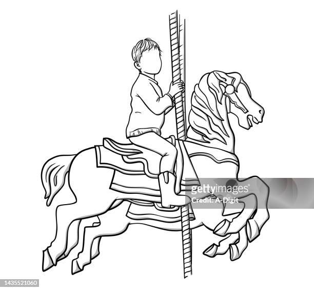 ilustrações, clipart, desenhos animados e ícones de criança em um desenho de cavalo carrossel - carousel