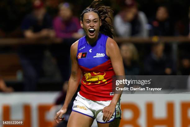 Jesse Wardlaw of Brisbane celebrates a goal during the round nine AFLW match between the Hawthorn Hawks and the Brisbane Lions at SkyBus Stadium on...